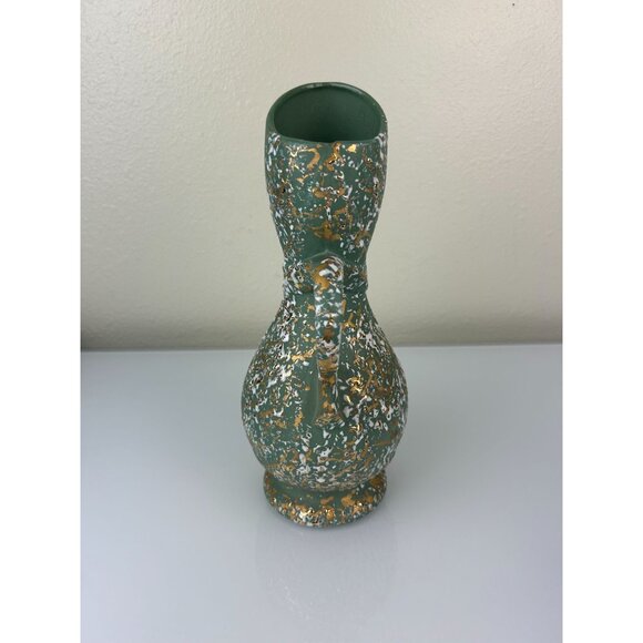 Savoy China 24 Kt Gold Mid-Century Speckled Pottery Pitcher Vase Green 12" Decor - Picture 3 of 11